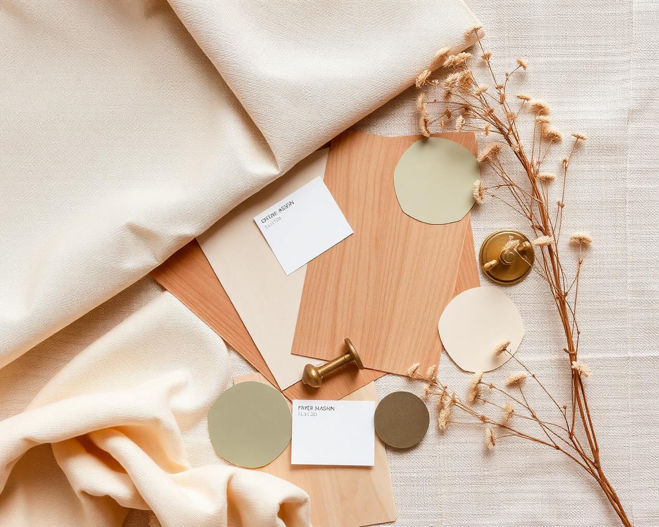Curated palette of fabrics, woods and finishes